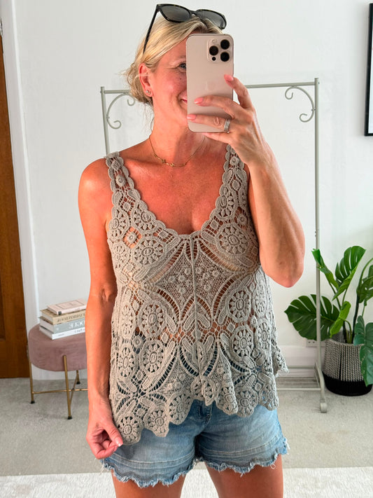 Mocha Cotton Crochet V-Neck Vest Top