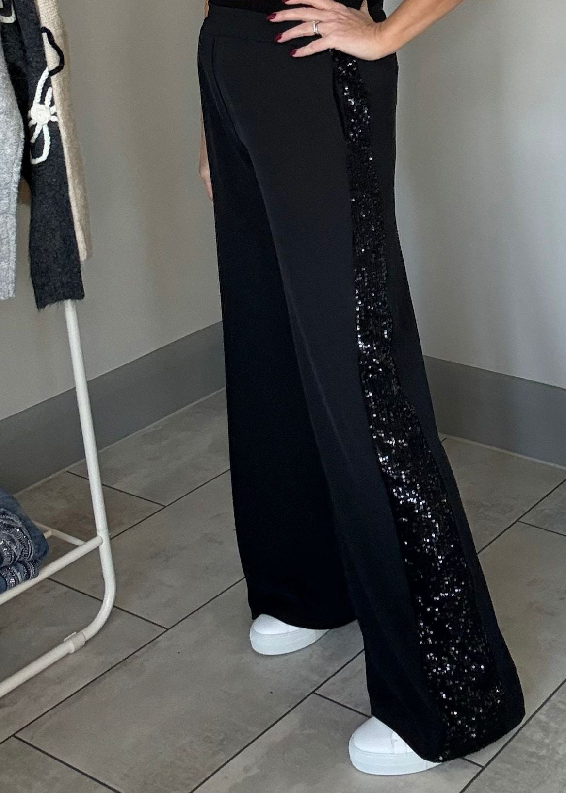 Black Sequin Stripe Wide Leg Trousers