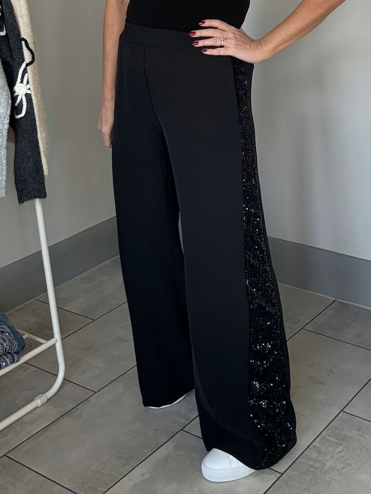 Black Sequin Stripe Wide Leg Trousers