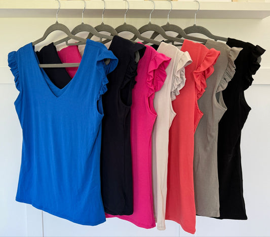 Frill Sleeve V Basic T Shirt | Lots of Colours