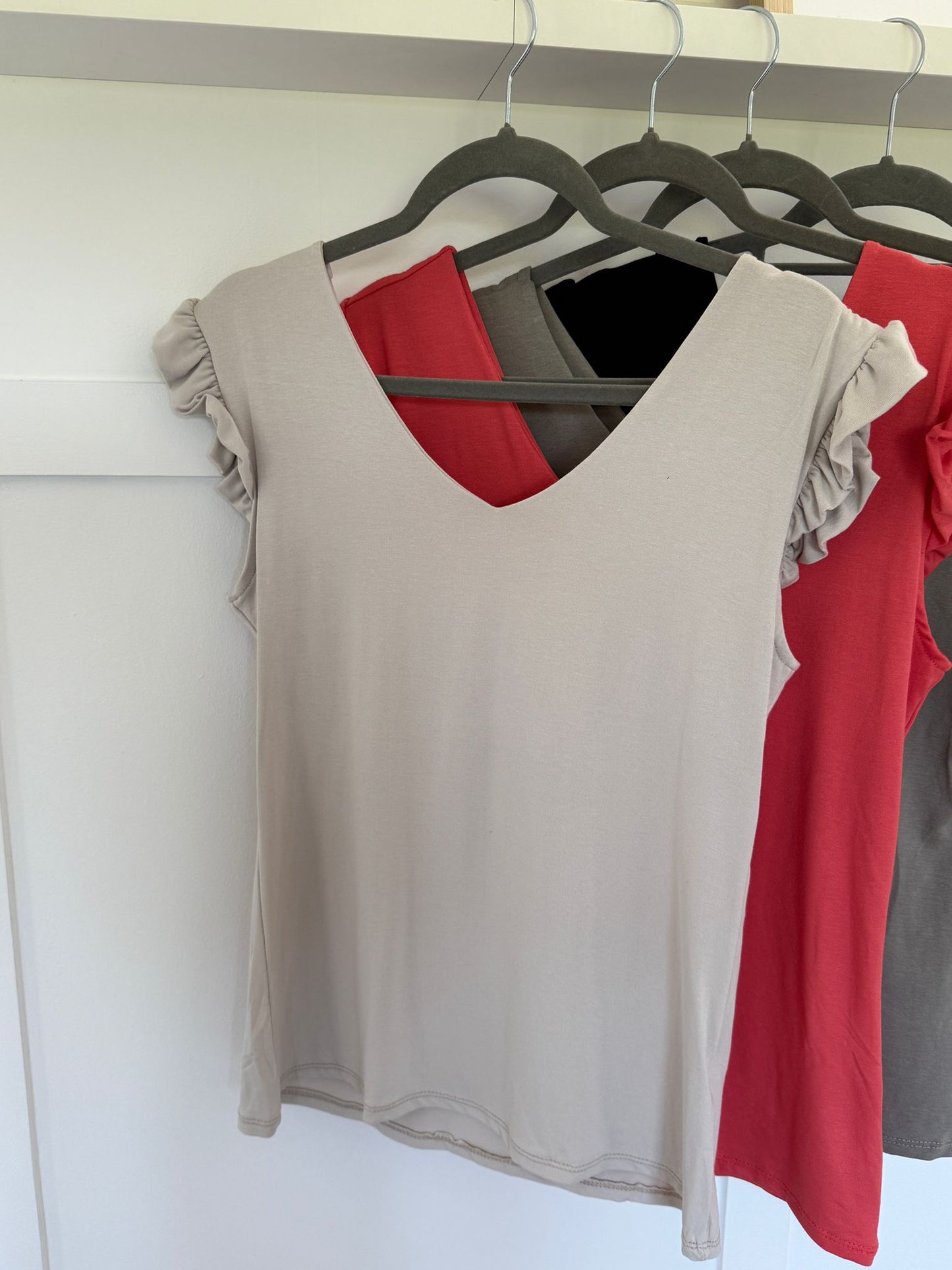 Frill Sleeve V Basic T Shirt | Lots of Colours