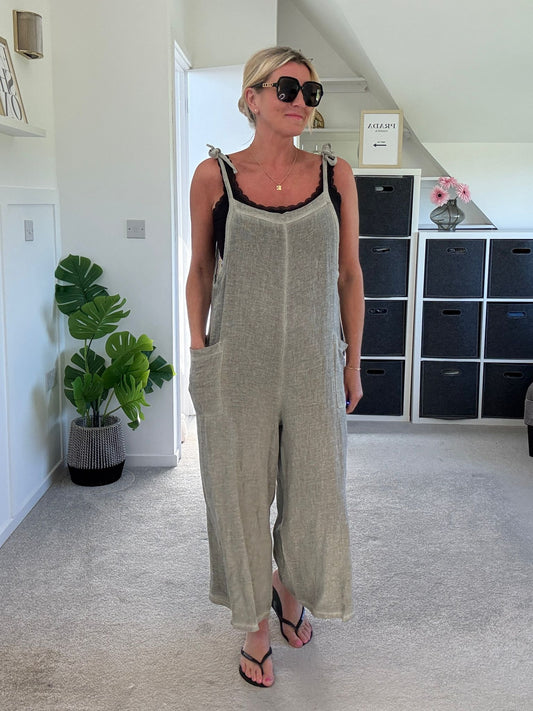 Khaki Washed Linen Adjustable Strap Jumpsuit