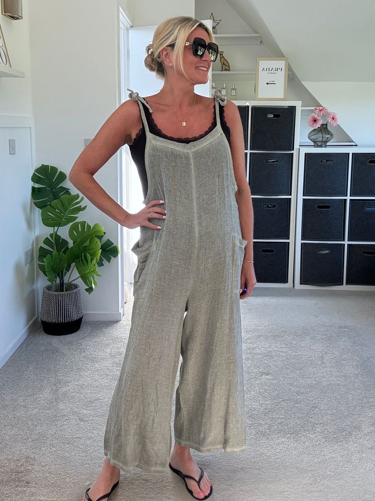 White Washed Linen Adjustable Strap Jumpsuit
