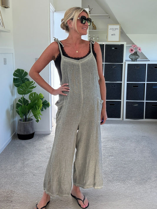 Khaki Washed Linen Adjustable Strap Jumpsuit