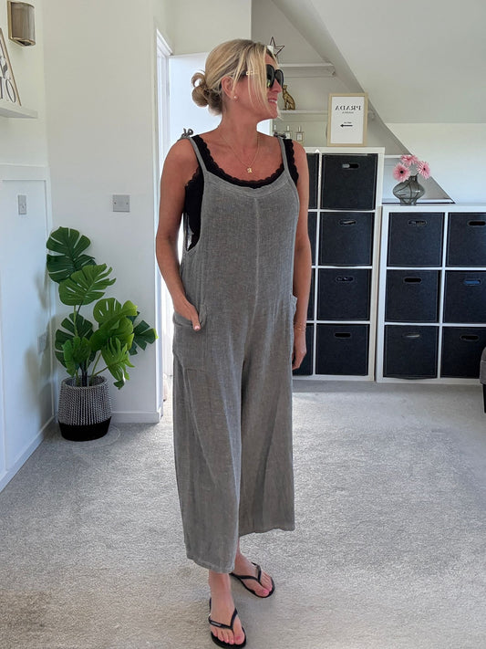 Dark Grey Washed Linen Adjustable Strap Jumpsuit