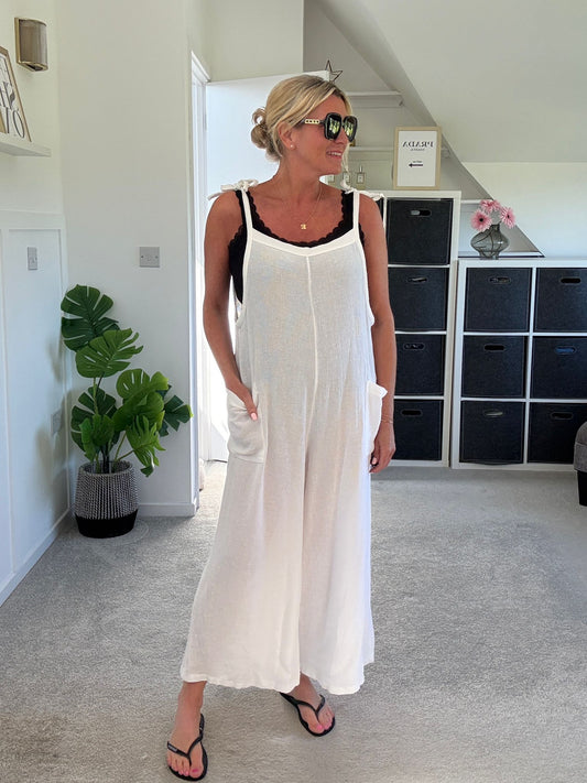 White Washed Linen Adjustable Strap Jumpsuit