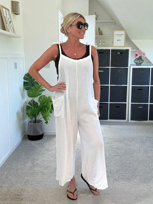 White Washed Linen Adjustable Strap Jumpsuit