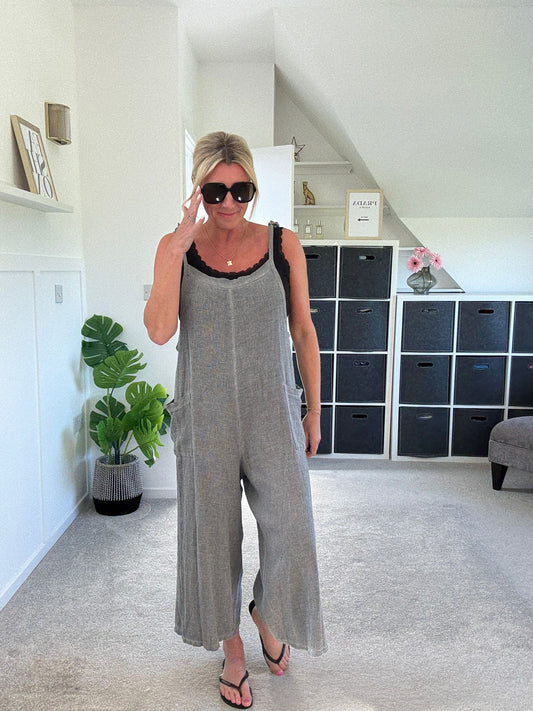 Dark Grey Washed Linen Adjustable Strap Jumpsuit