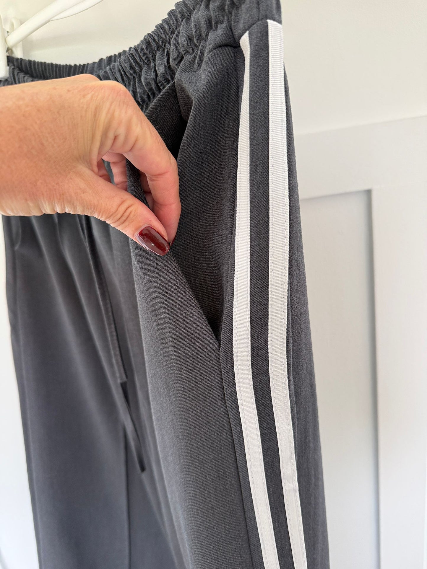 Grey Twill Double Stripe Wide Leg Trousers