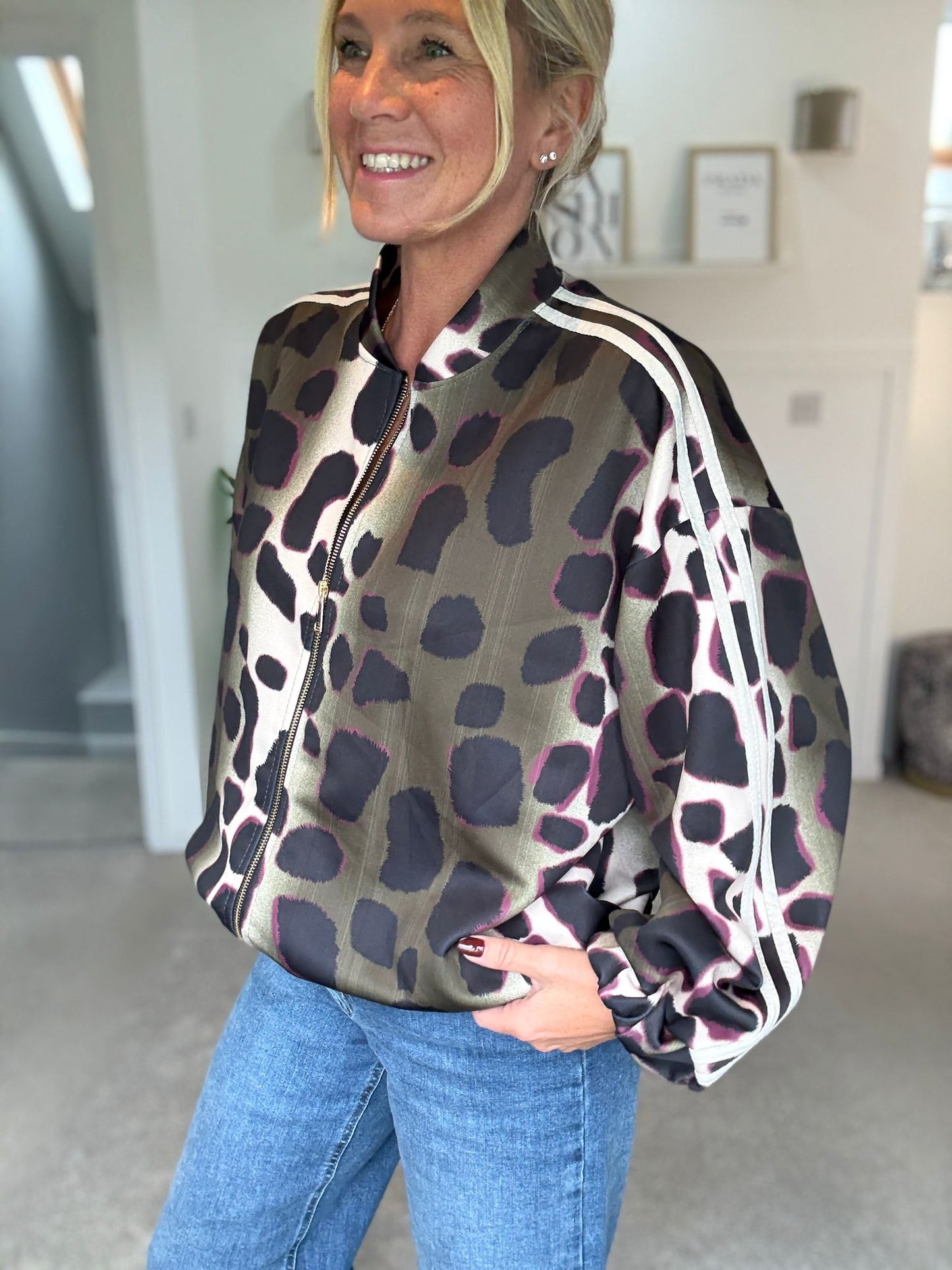 Khaki/Cream Animal Print Bomber Jacket