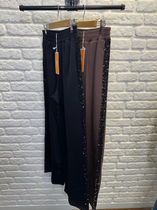 Chocolate Sequin Side Stripe Soft Trousers