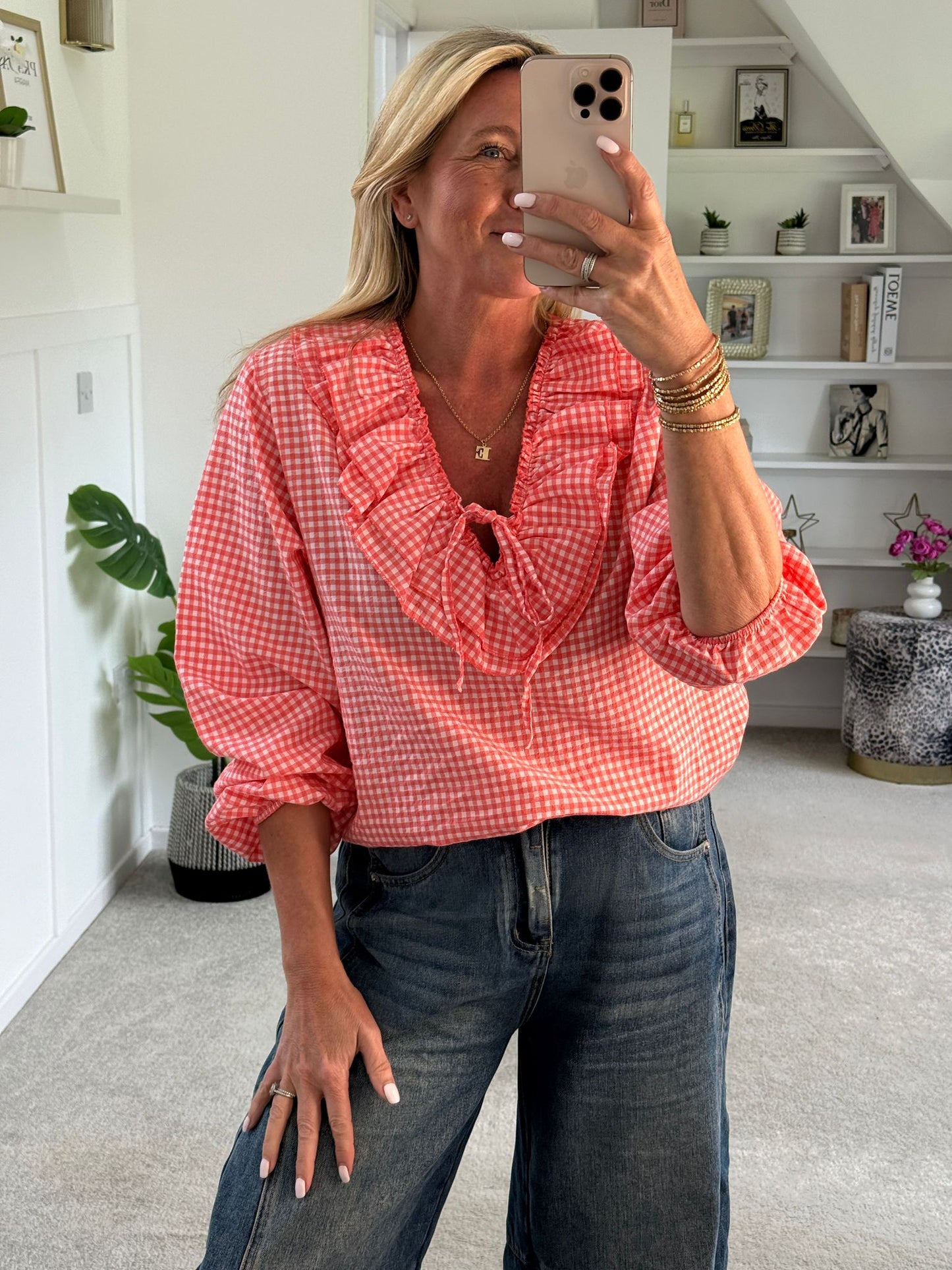 Navy Gingham Ruffle Blouse