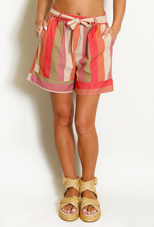Pink Multi Stripe Tie Waist Shorts