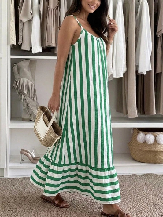 Green/White Stripe Cheesecloth Maxi Dress