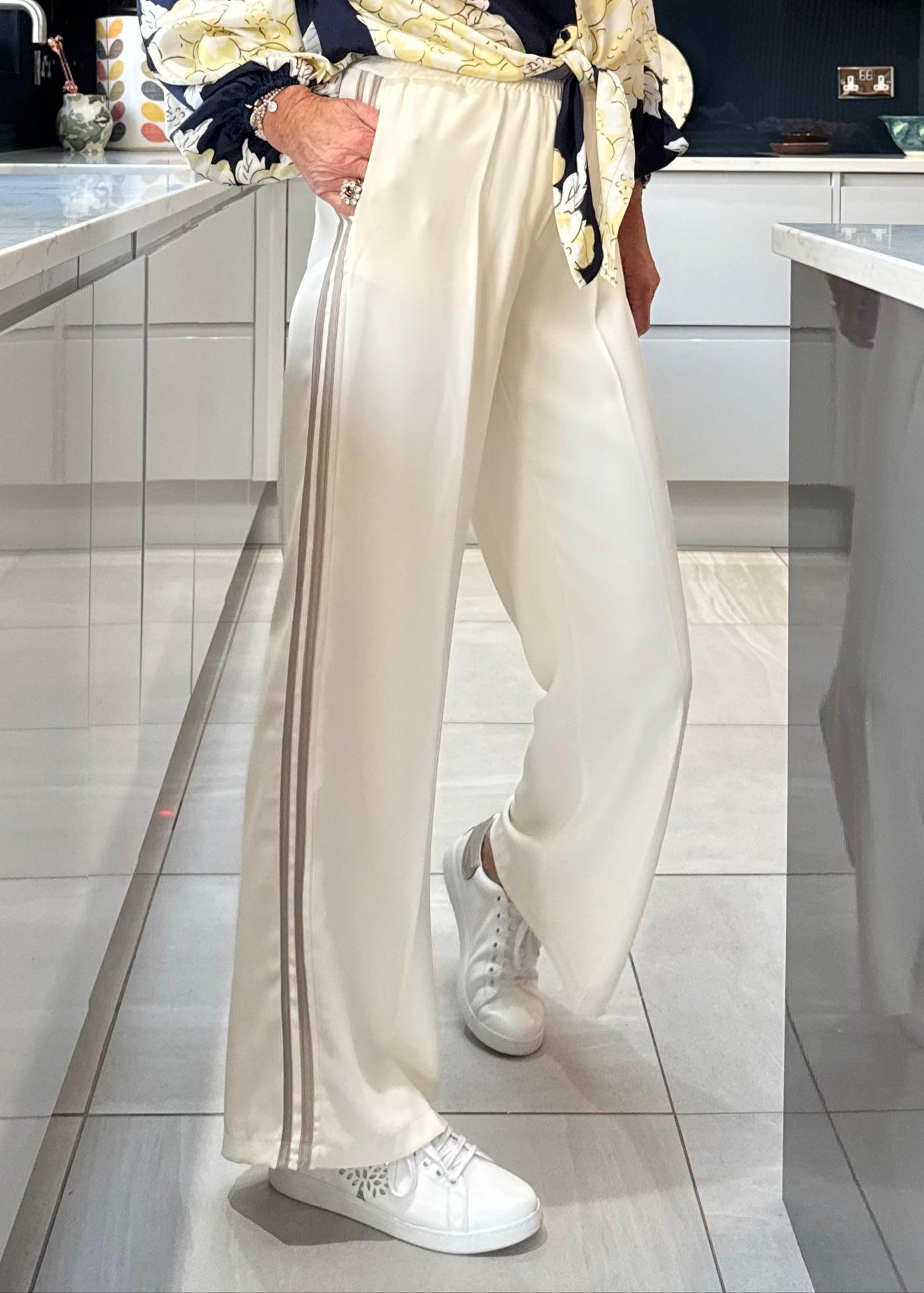 Cream/Mocha Double Stripe Wide Leg Trousers