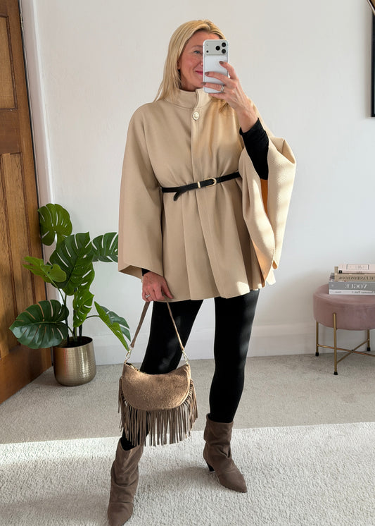 Biscuit Funnel Neck Belted Cape Jacket