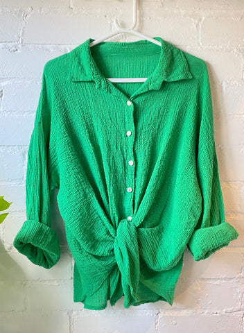 Green Tie Front Cheesecloth Shirt