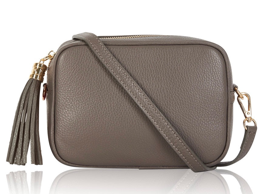Light Taupe Leather Tassel Cross Body Bag