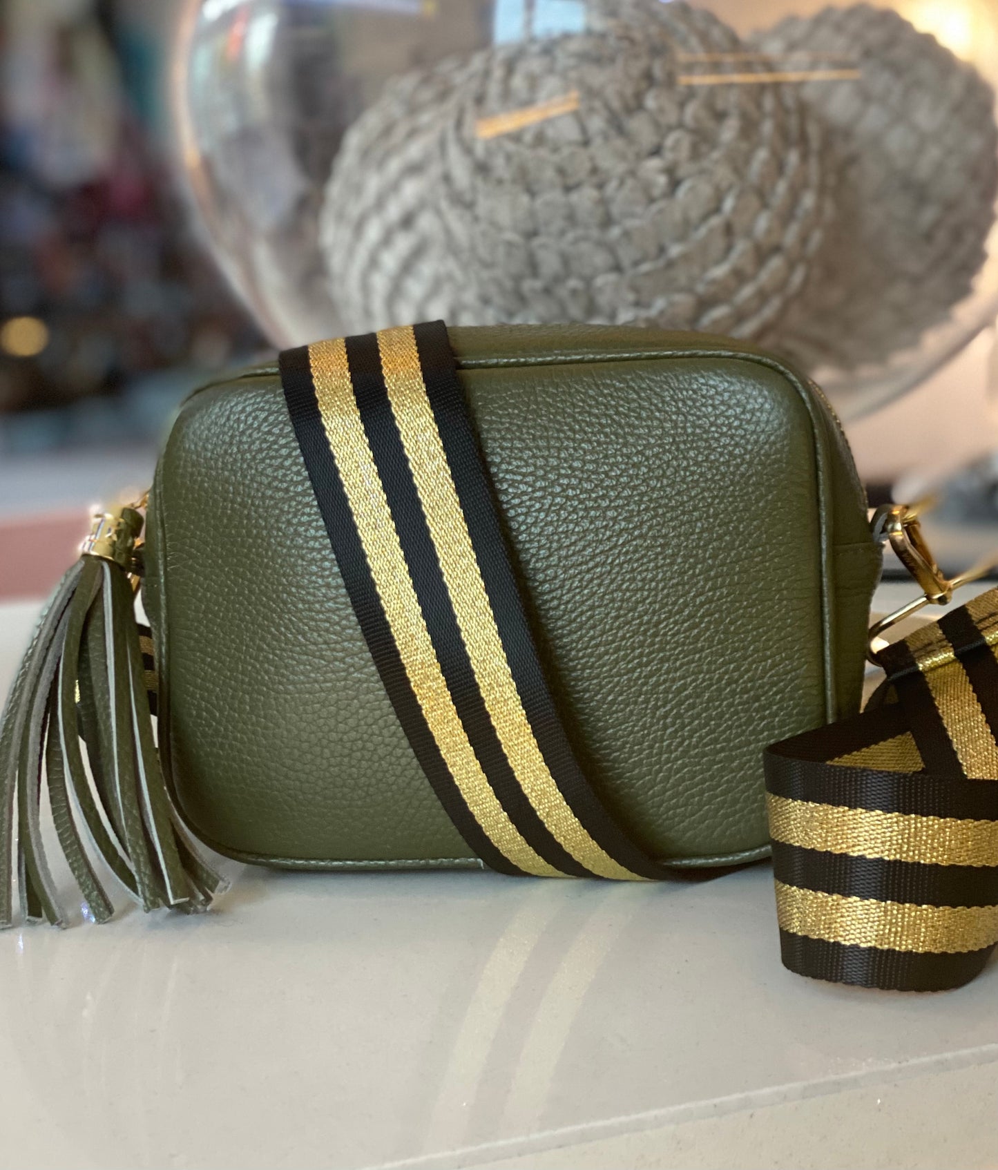 Olive Green Leather Tassel Cross Body Bag