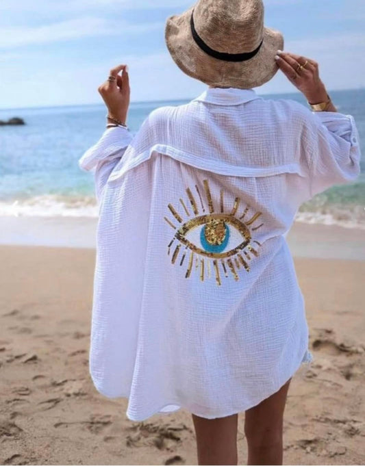 Khaki Sequin Eye Cheesecloth Shirt