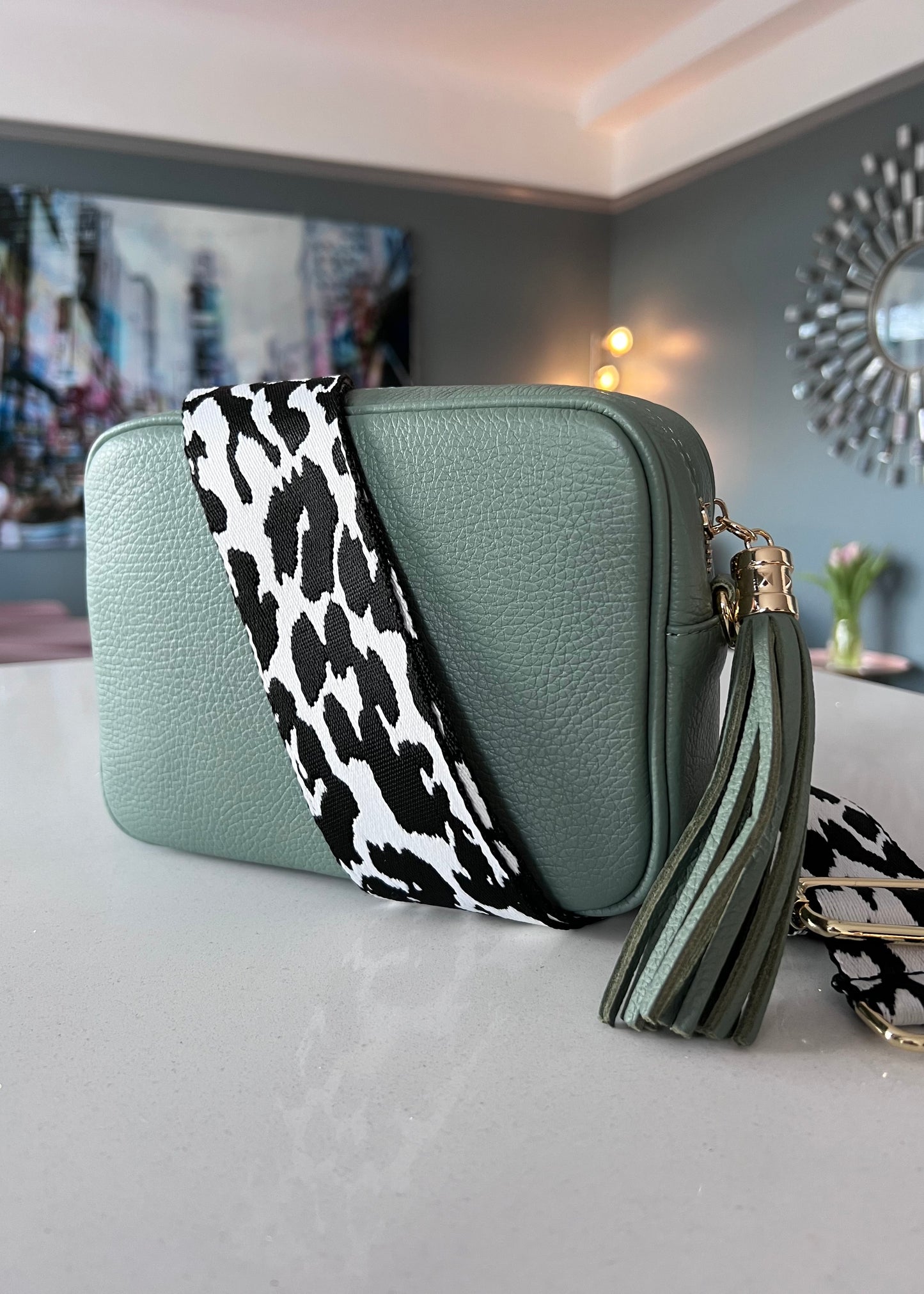 Dusky Green Leather Tassel Cross Body Bag
