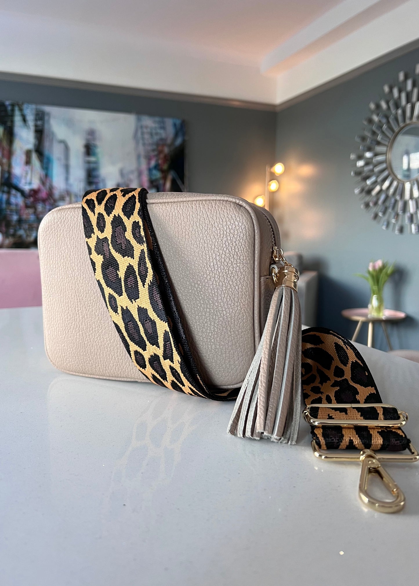 Light Taupe Leather Tassel Cross Body Bag