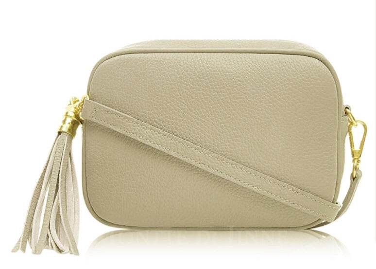 Light Taupe Leather Tassel Cross Body Bag
