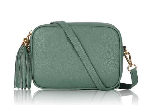Dusky Green Leather Tassel Cross Body Bag
