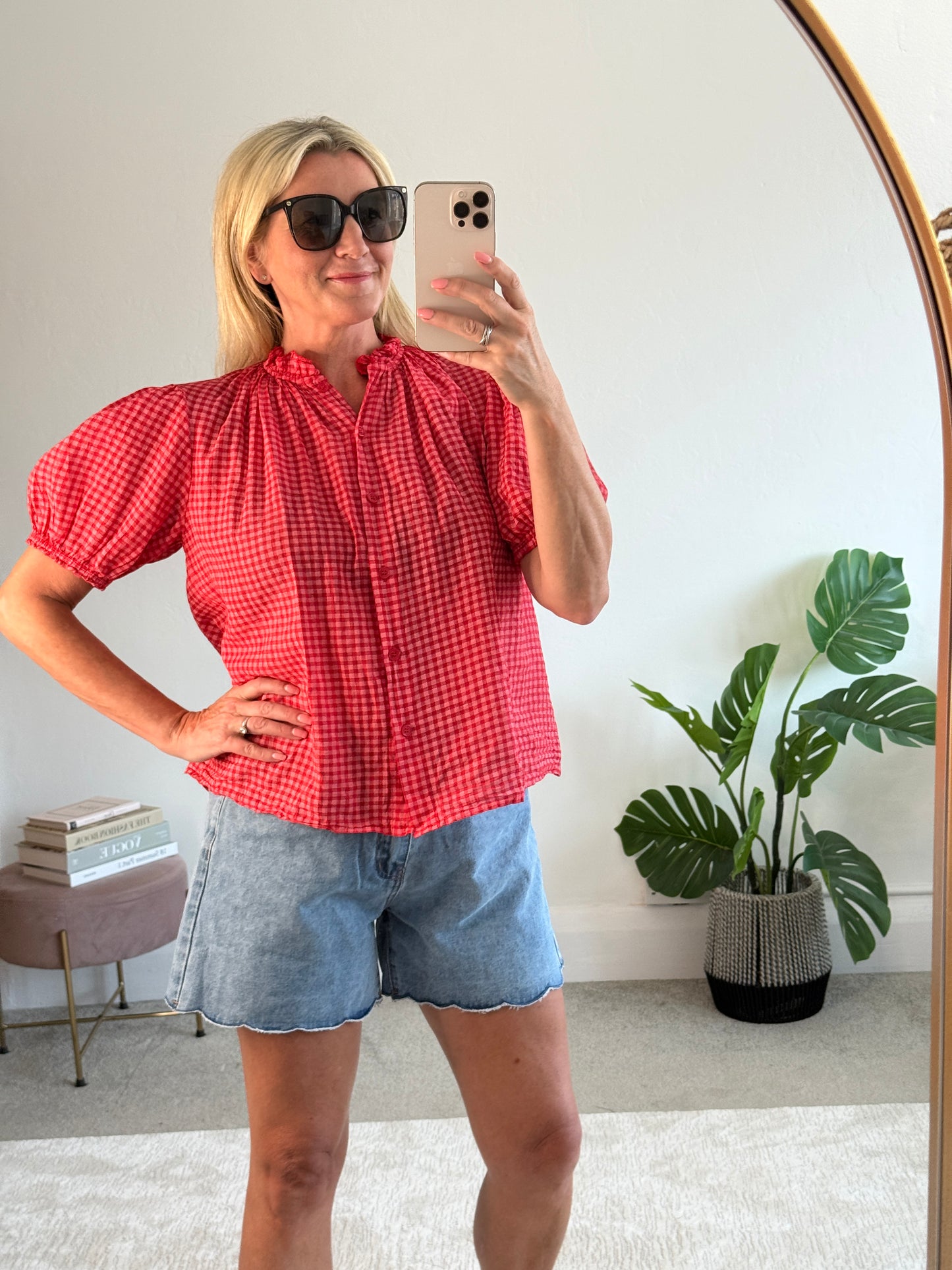 Red Gingham Puff Sleeve Blouse