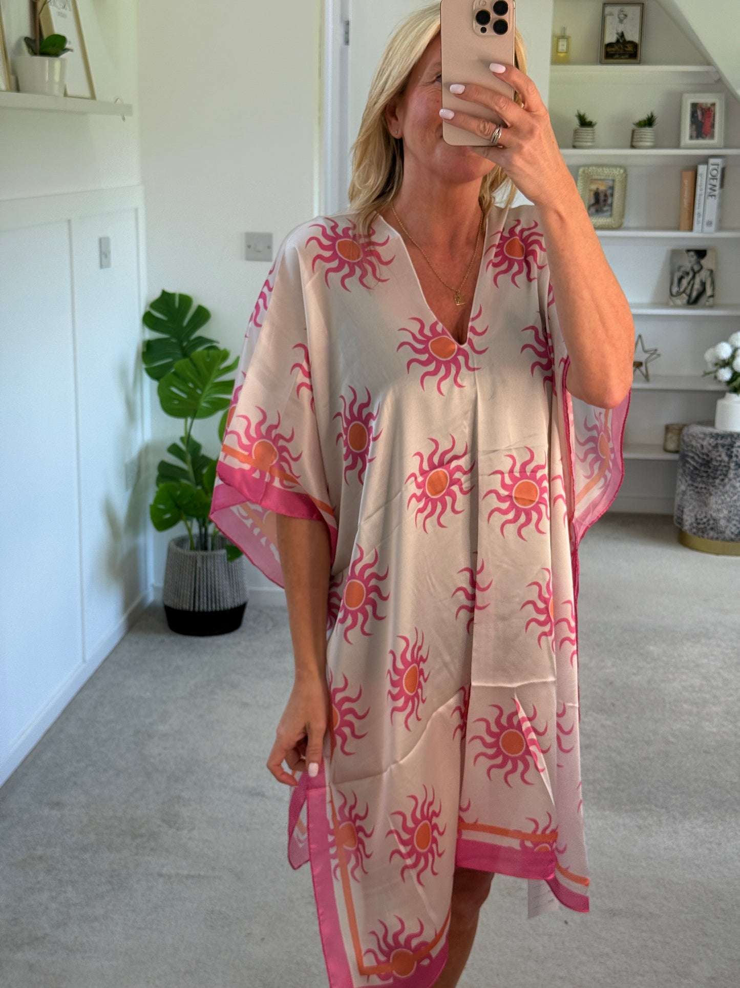 Lemon/Pink Sun Print Floaty Kaftan Dress