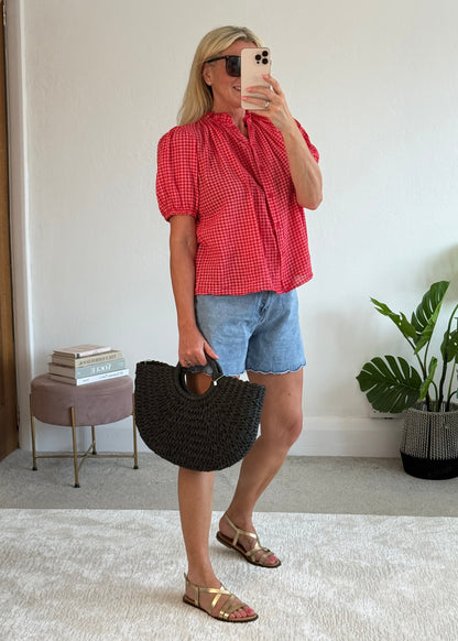 Red Gingham Puff Sleeve Blouse