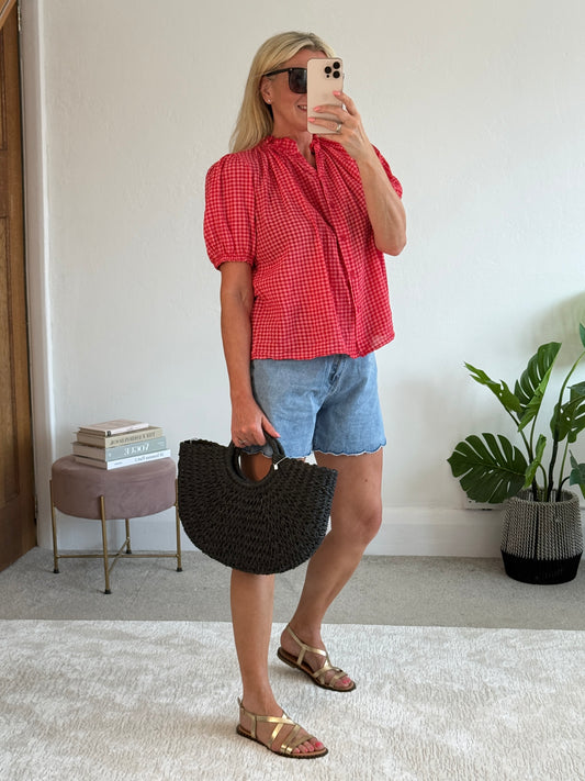 Red Gingham Frill Sleeve Blouse
