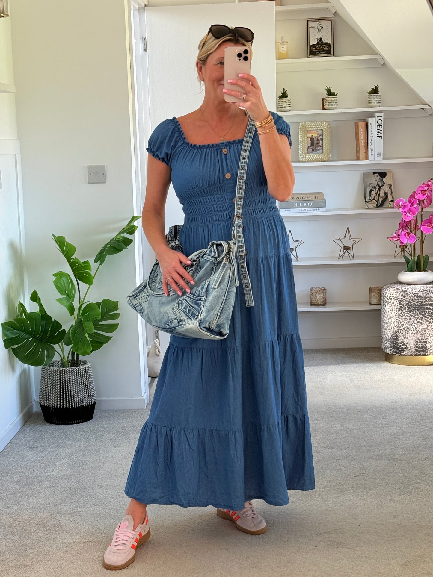 Blue Denim Bardot Tiered Maxi Dress
