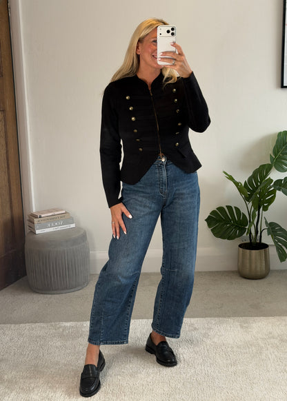 Black Military Button Zip Knit Jacket
