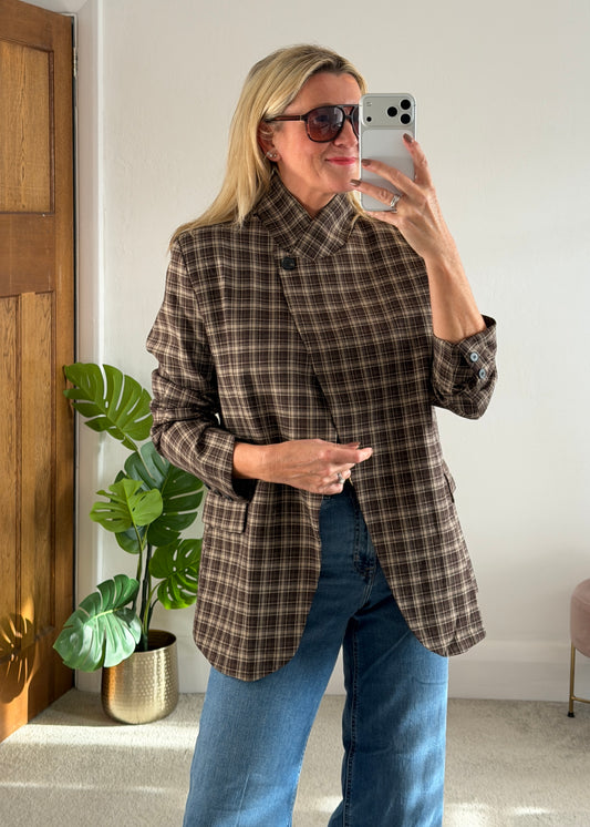 Taupe/Choc Check Asymmetric Button Blazer
