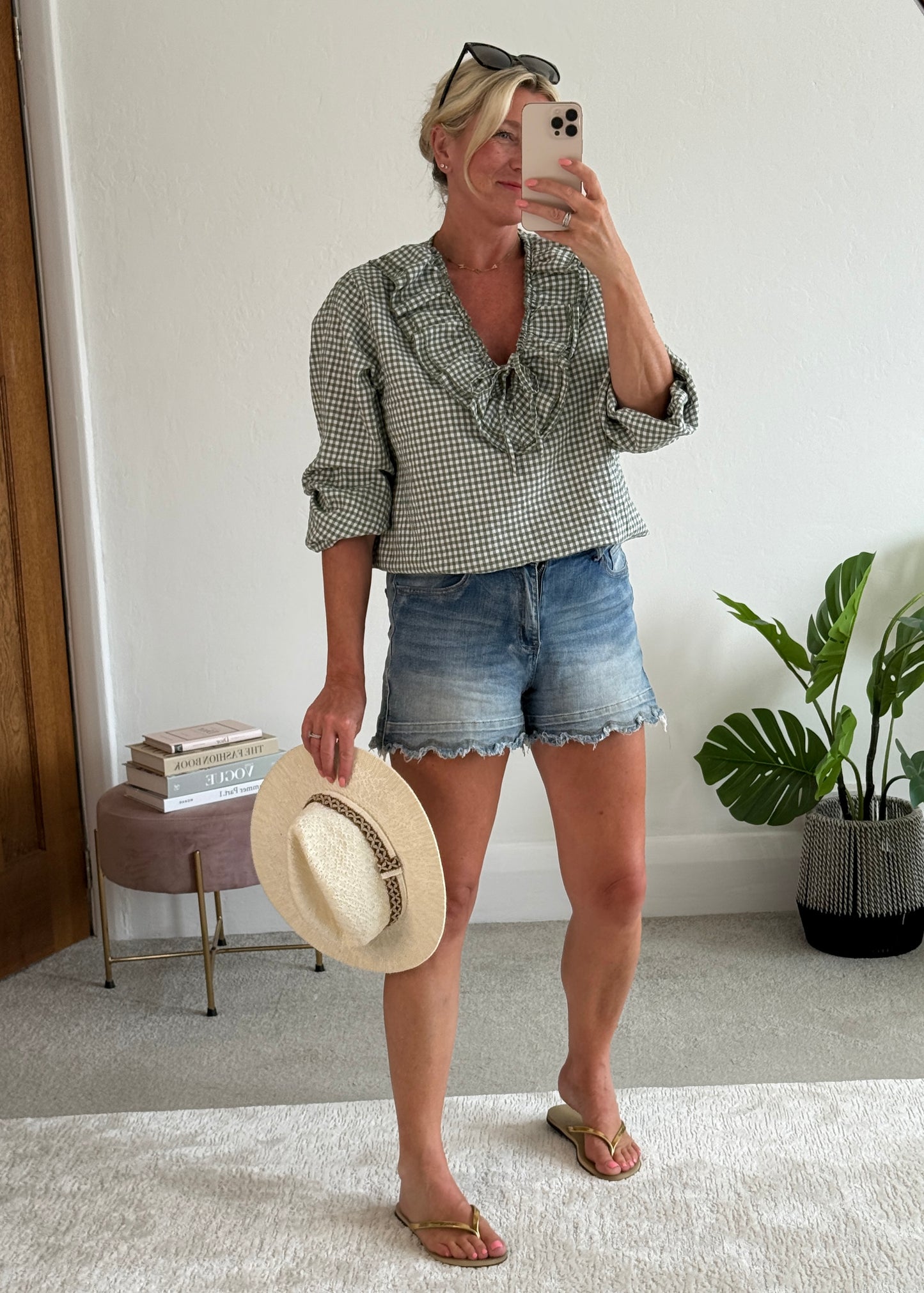 Khaki Gingham Ruffle Blouse
