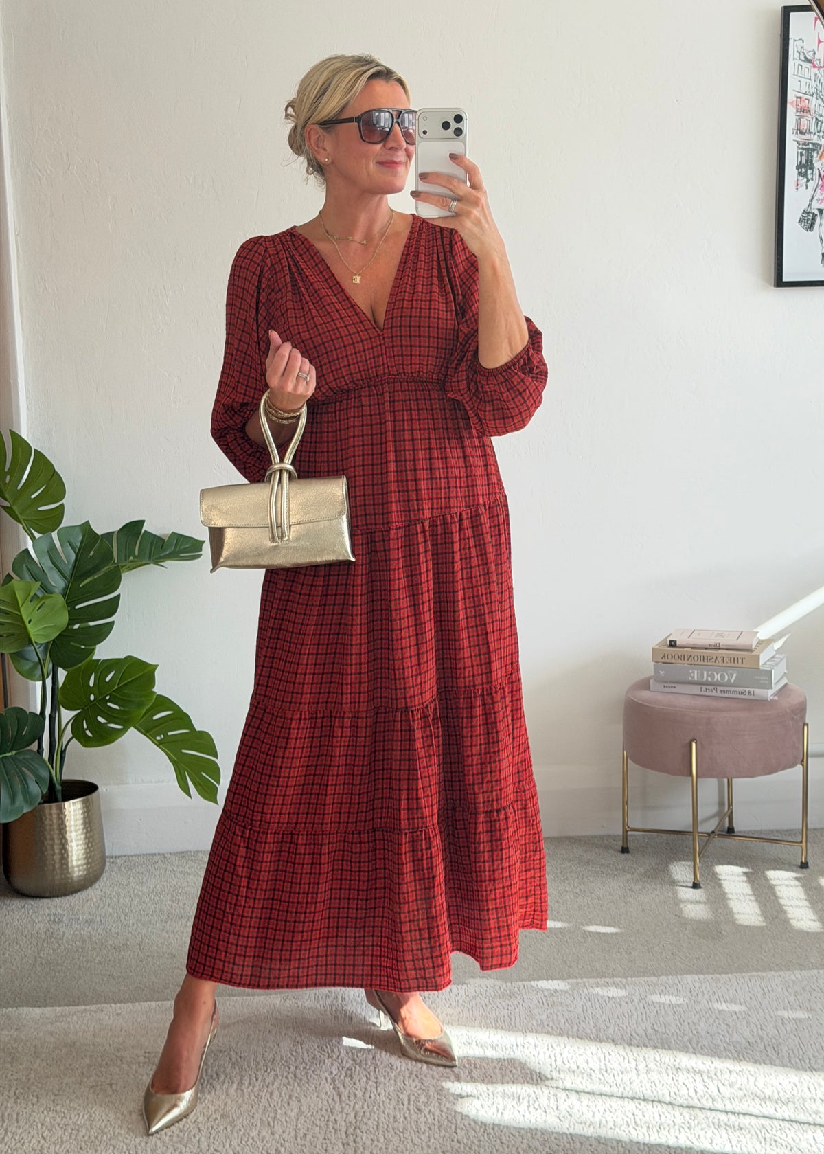 Red Heritage Check V-Neck Tiered Dress