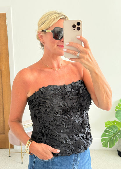 Black 3D Floral Bandeau Top
