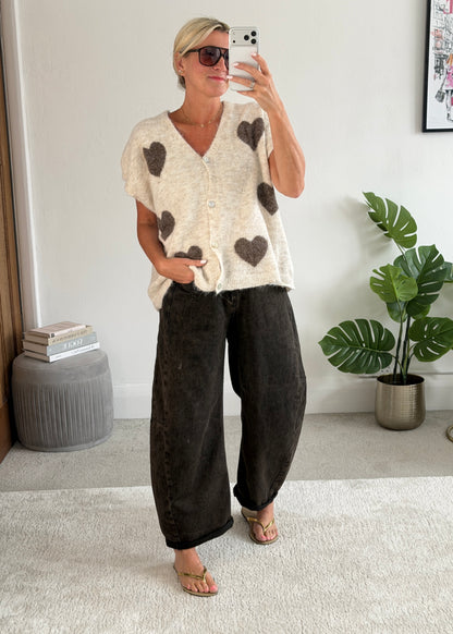 Light Oatmeal/Chocolate Oversized Heart Cardigan - PRE ORDER