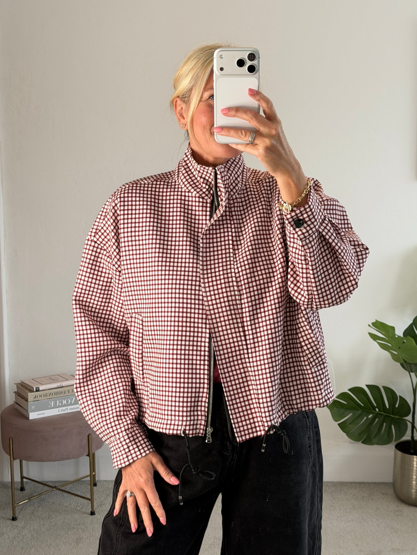 Burgundy Check Funnel Neck Jacket