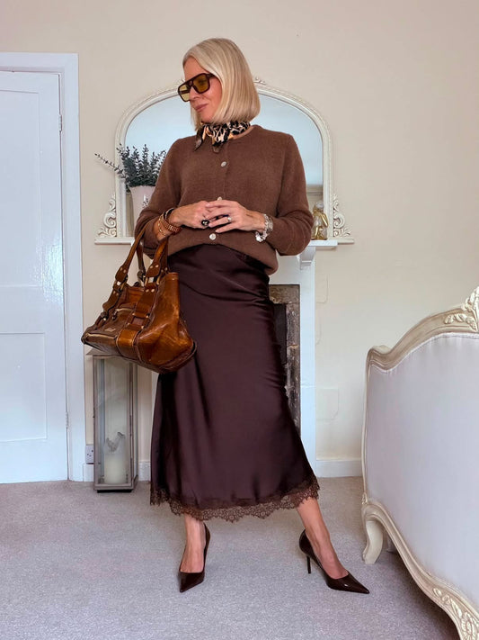 Chocolate Satin Lace Trimmed Midi Skirt