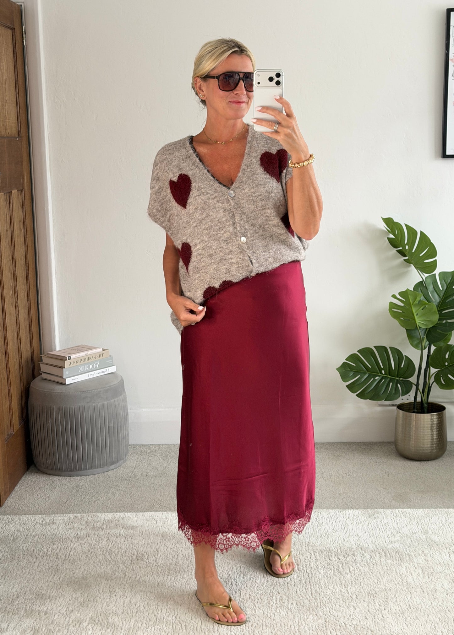 Bordeaux Satin Lace Trimmed Midi Skirt