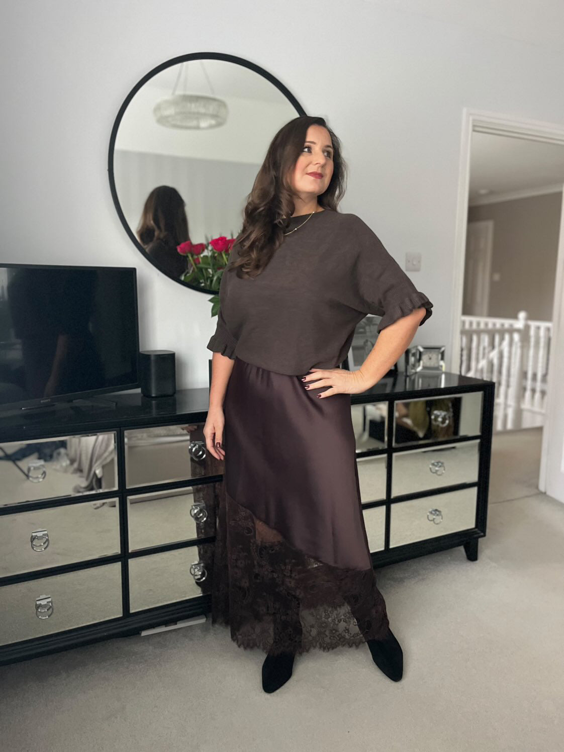 Chocolate Satin Asymmetric Lace Detail Maxi Slip Skirt