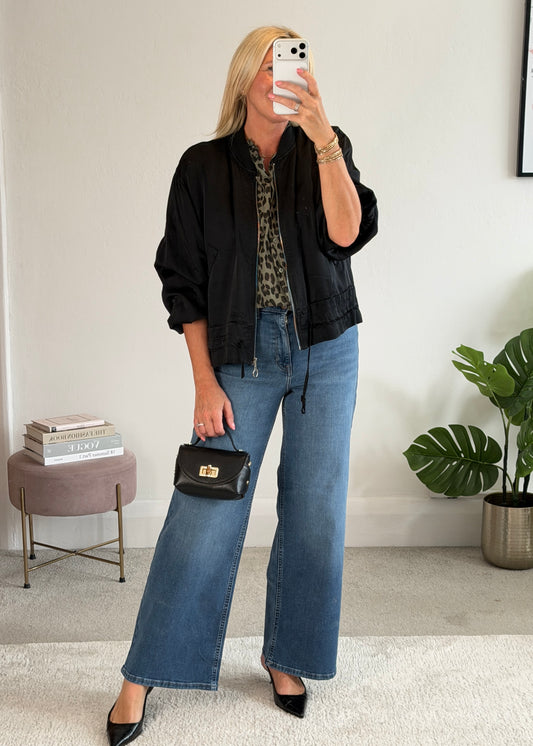 Black Satin Drawstring Bomber Jacket