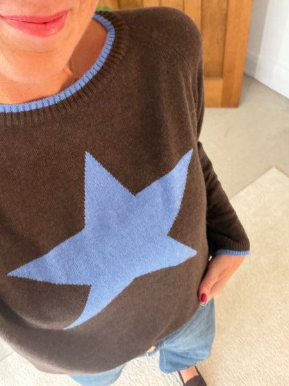Chocolate/Cornflower Cashmere Mix Star Jumper