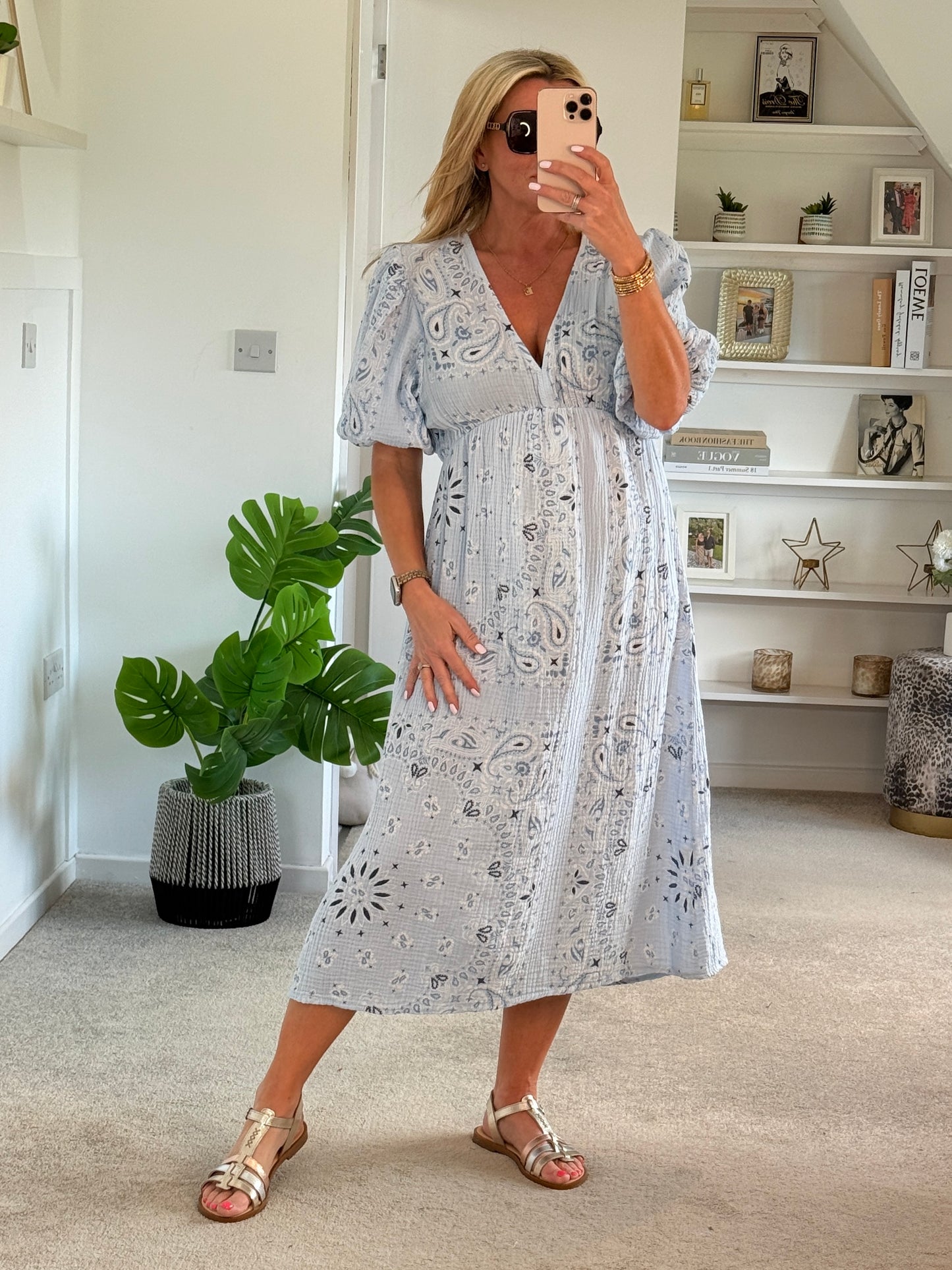 White Paisley Print Cheesecloth Midi Dress