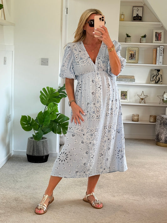 Sky Blue Paisley Print Cheesecloth Midi Dress