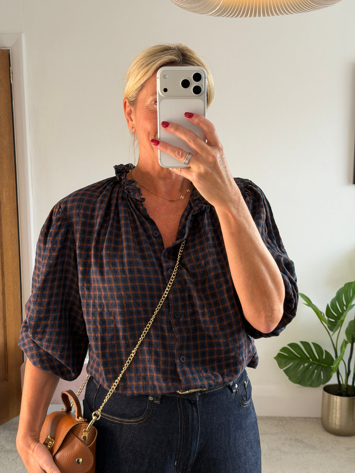 Navy Heritage Check Frill Collar Blouse