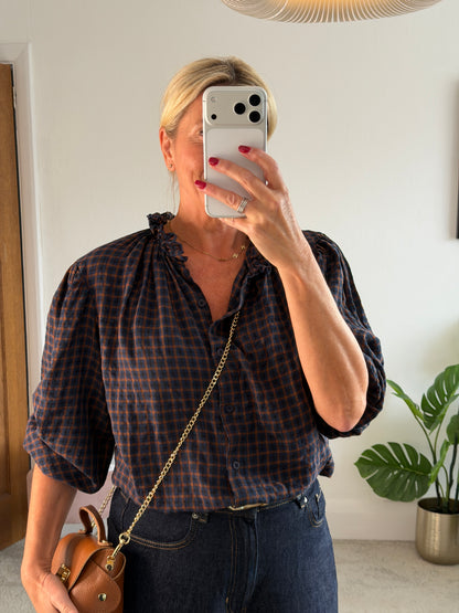 Navy Heritage Check Frill Collar Blouse