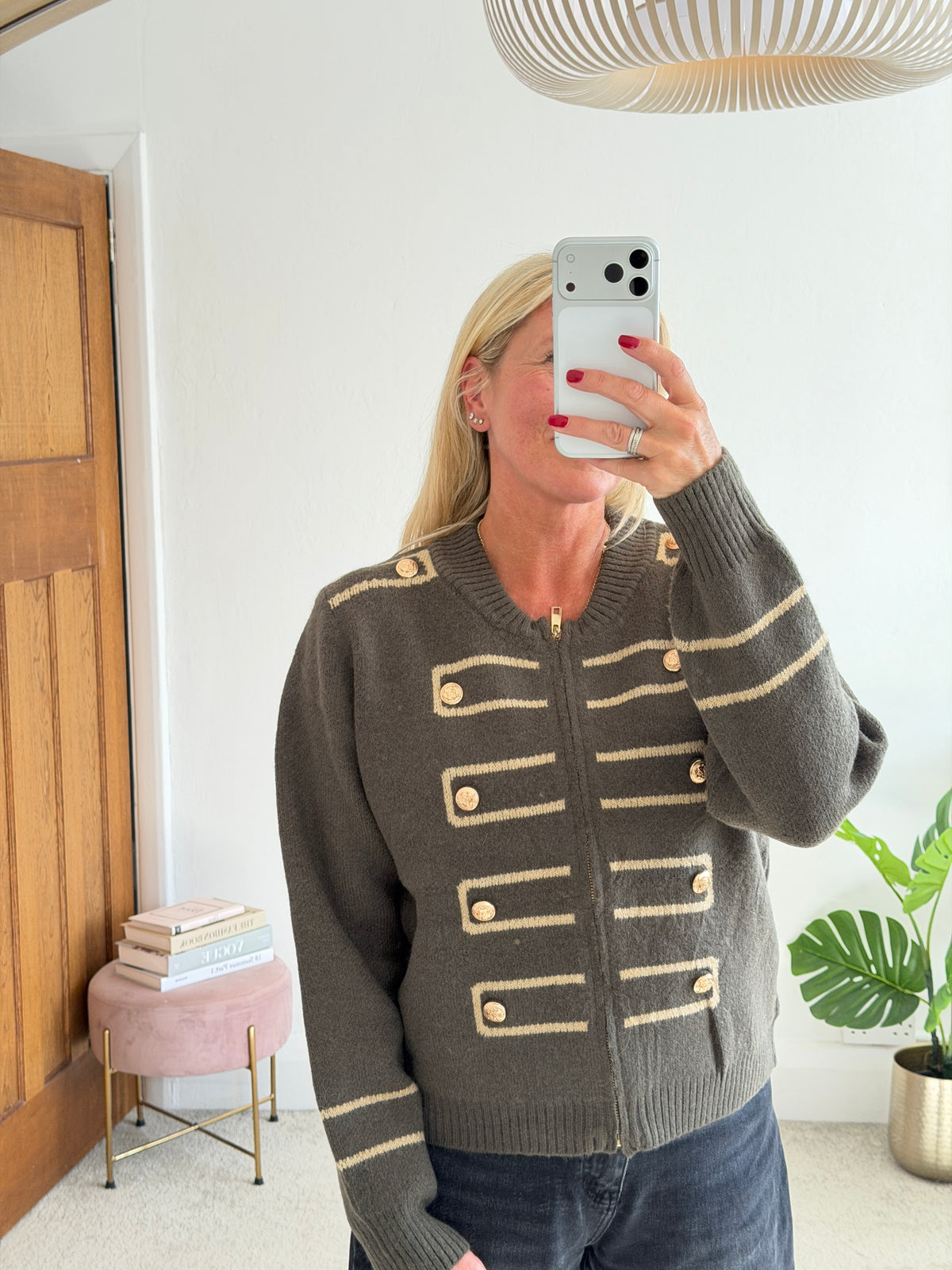Khaki Military Zip Front Knitted Cardi